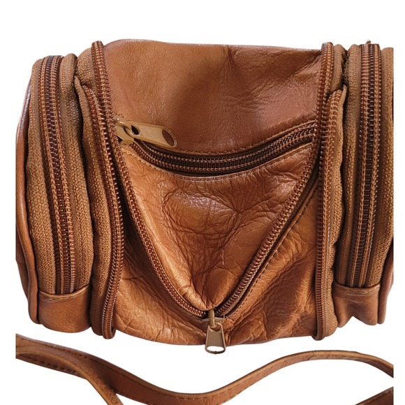 Vintage Leather Crossbody Bag Multiple Zipper Pockets Mini Purse Raw Hide Inside - Picture 3 of 7